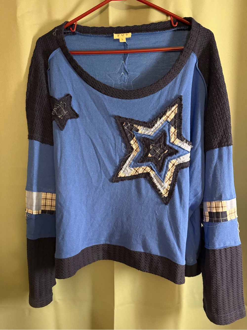 POL Blue Star Patchwork Pullover with Plaid Accents